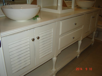 Custom Solid Wood Furniture Vanity w/ Louvered doors and Vessel Bowls in white
